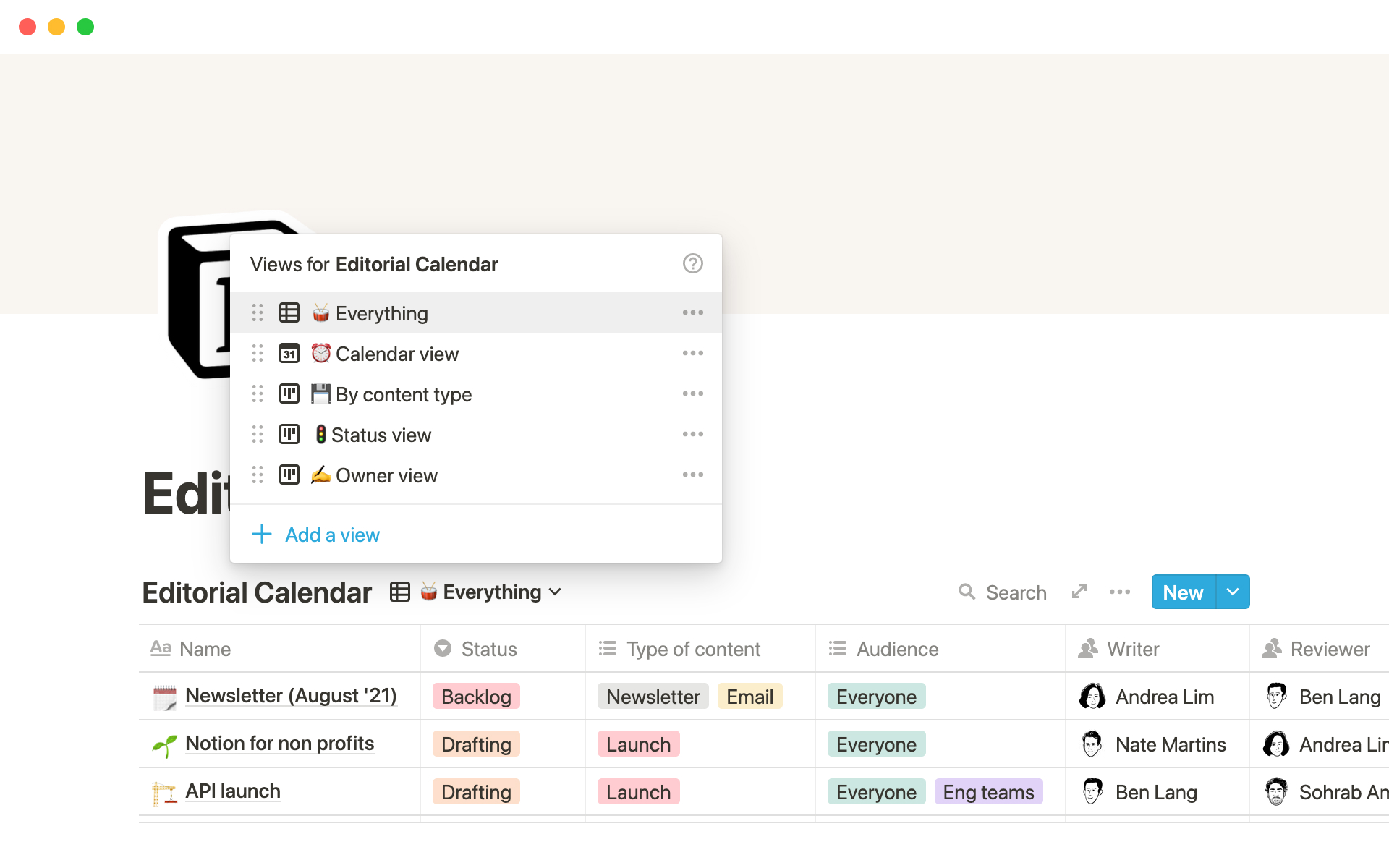 Usually marketing teams have separate tools for planning and writing content. At Notion, we do all of that in one database.