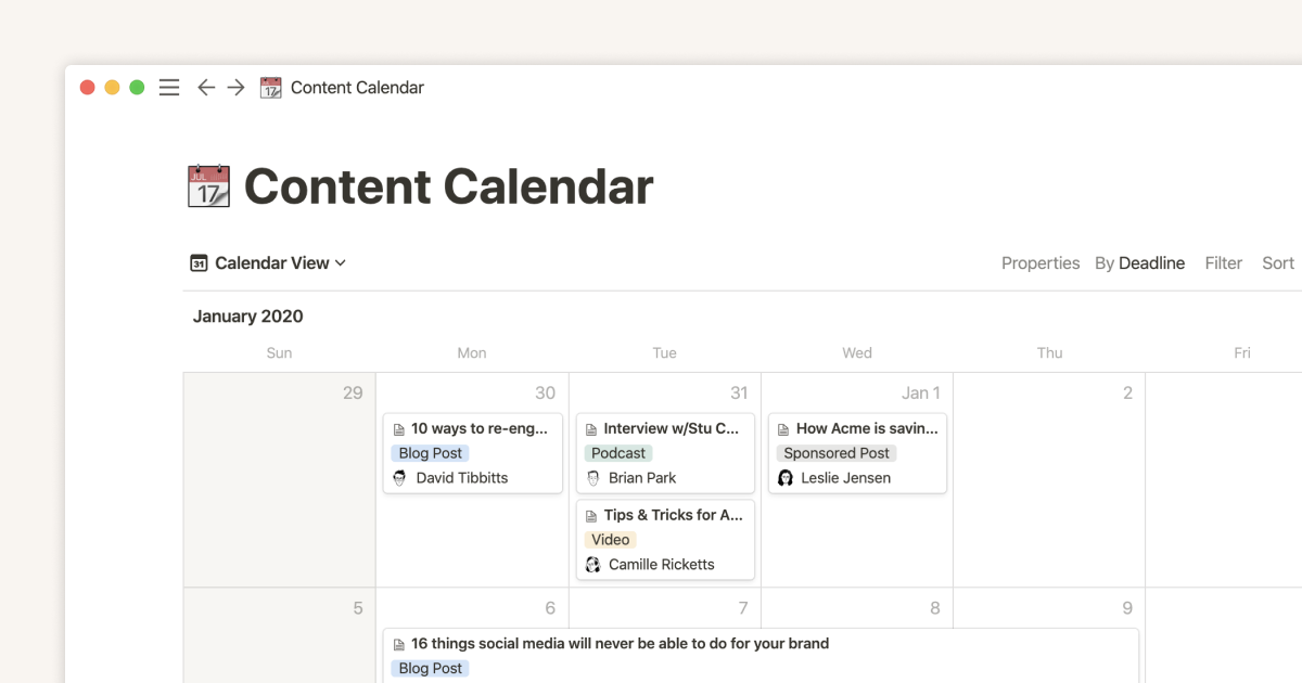 Calendar view databases