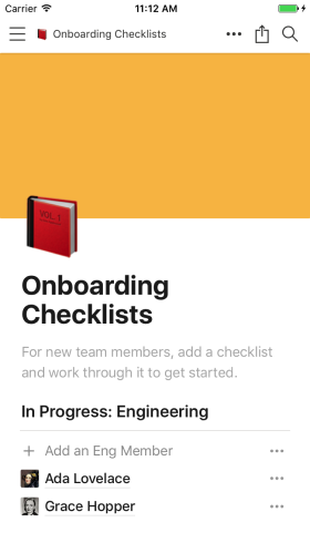 A screenshot of a checklist containing people and their status in an onboarding flow in Notions Mobile App