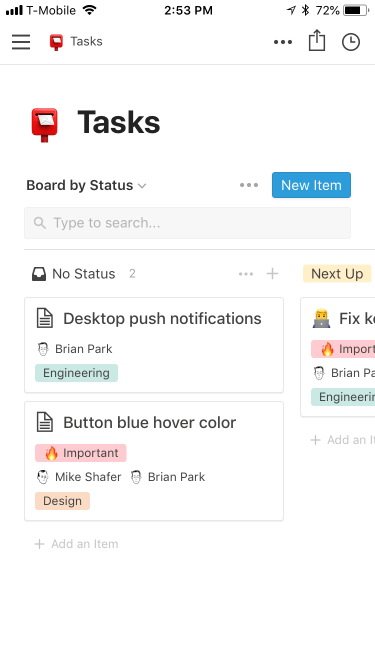 A screenshot of a Kanban Board in Notion’s Mobile App