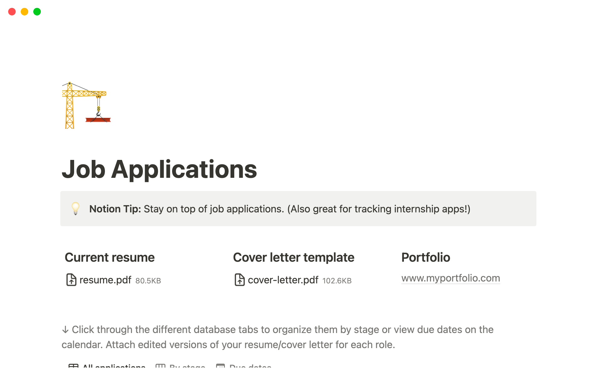 A template preview for Job applications