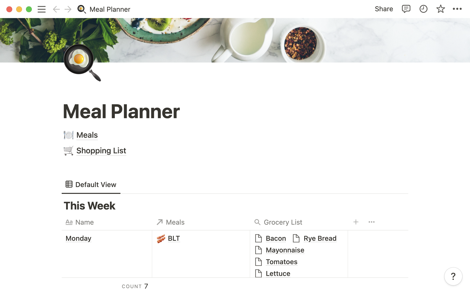 A template preview for Meal planner