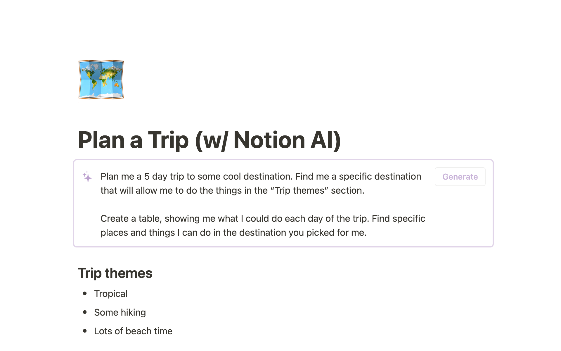 A template preview for Plan a Trip (w/ Notion AI)