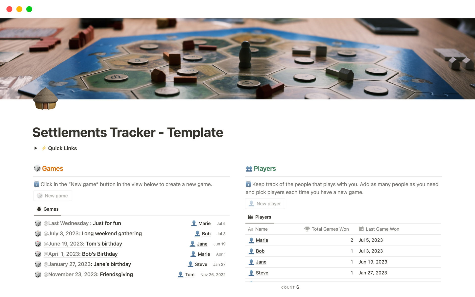 A template preview for Settlements Tracker