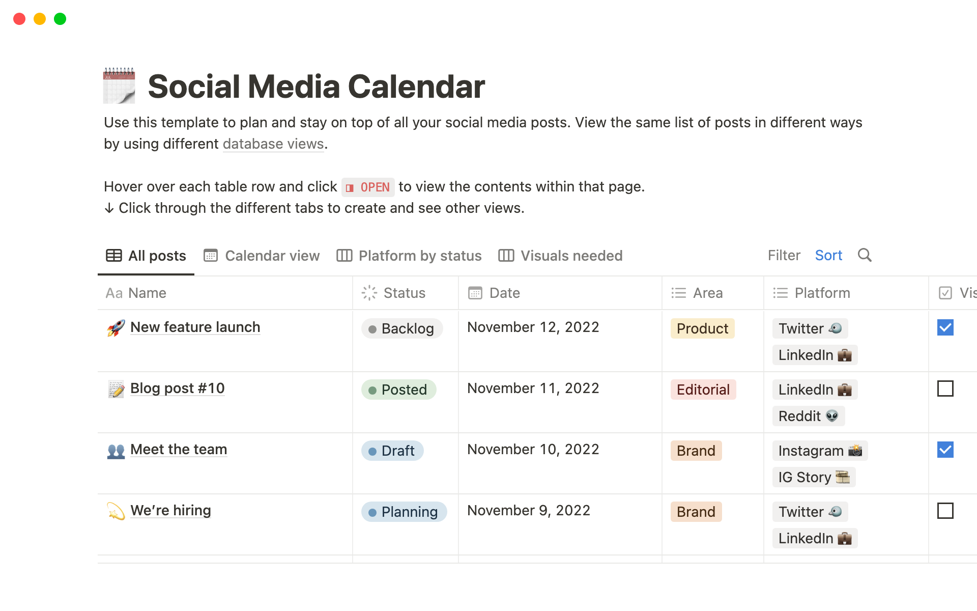 A template preview for Social Media Calendar