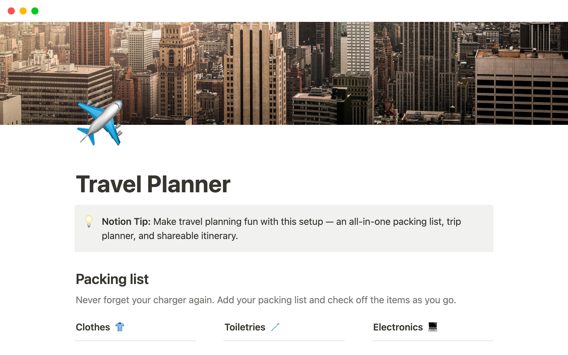 A template preview for Travel planning