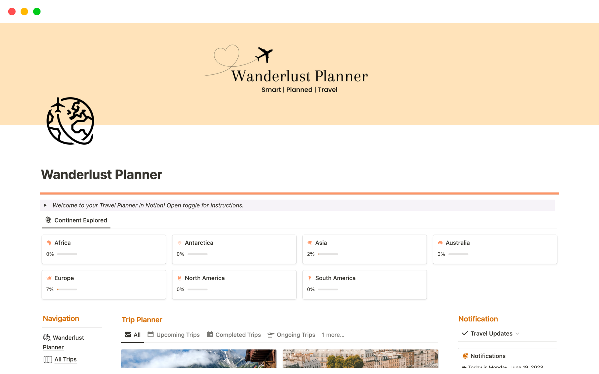 A template preview for Wanderlust Planner